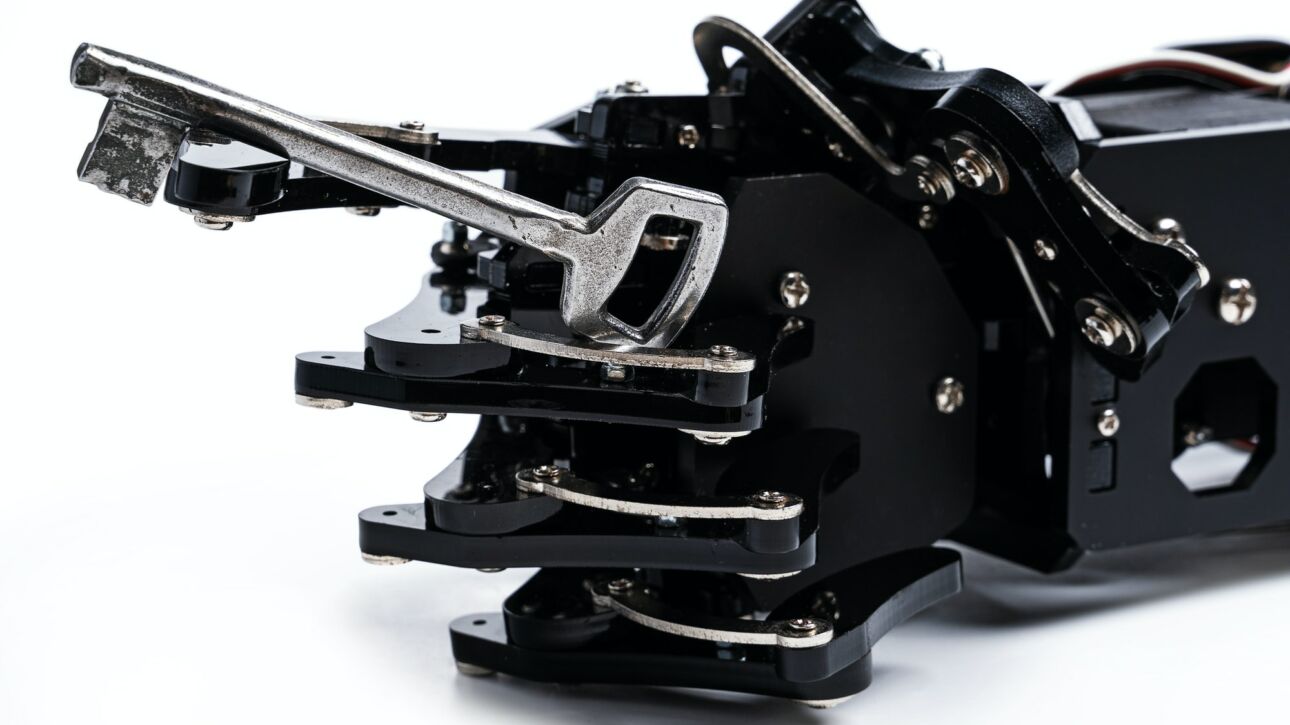 Real robotic hand and vintage key. Concept of encryption and data security by AI